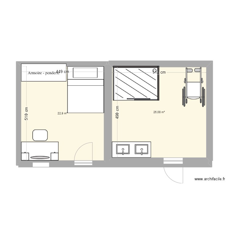 CHAMBRE PMR. Plan de 2 pièces et 48 m2