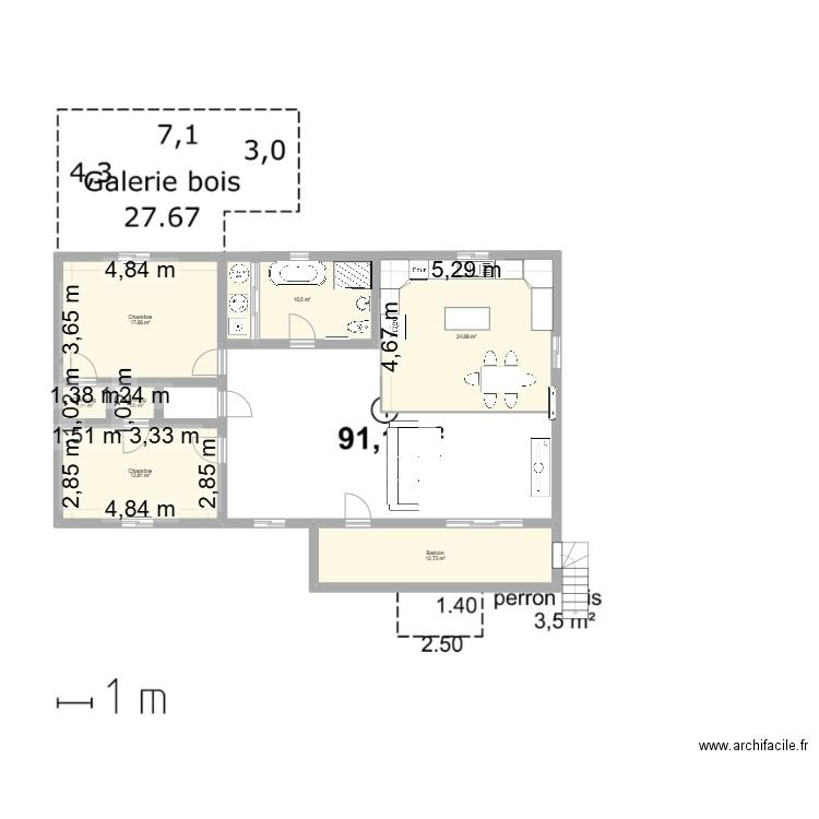 Deuxième étage. Plan de 7 pièces et 82 m2