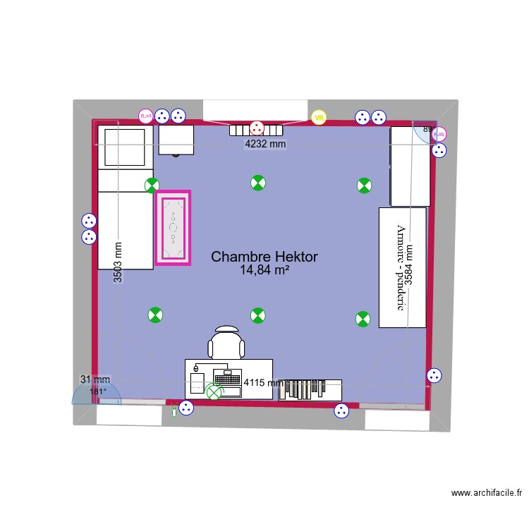 chambre Hektor. Plan de 1 pièce et 15 m2