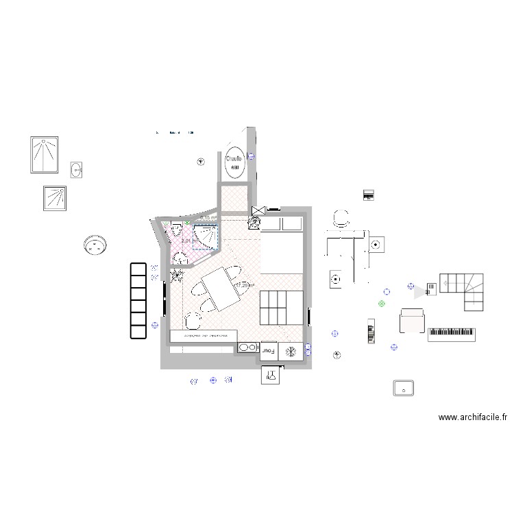 BOITE AUX CHAUSSURES cuisine conduit. Plan de 3 pièces et 19 m2