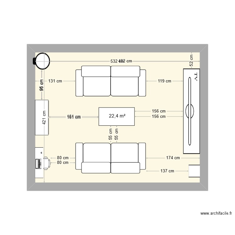 Salon. Plan de 1 pièce et 22 m2