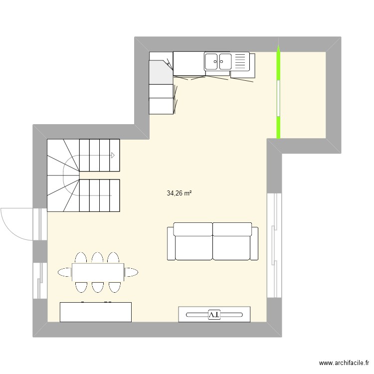 RDC. Plan de 1 pièce et 34 m2