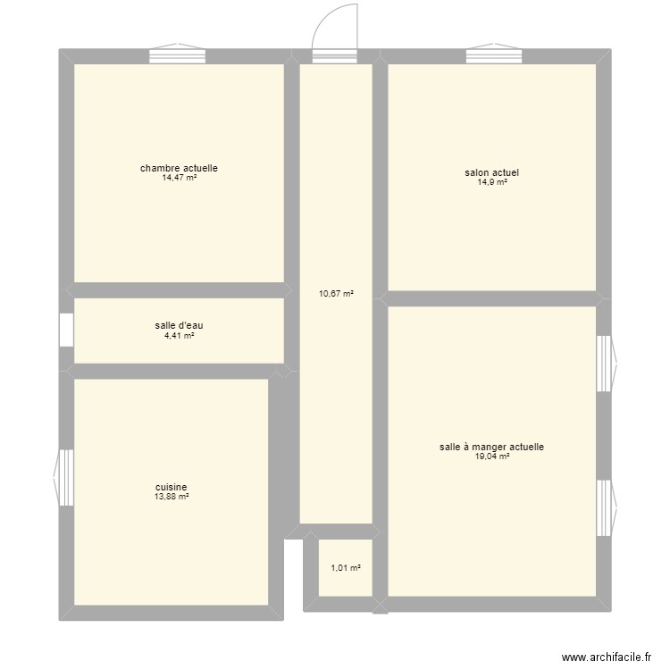 rez de chaussé actuel. Plan de 7 pièces et 78 m2