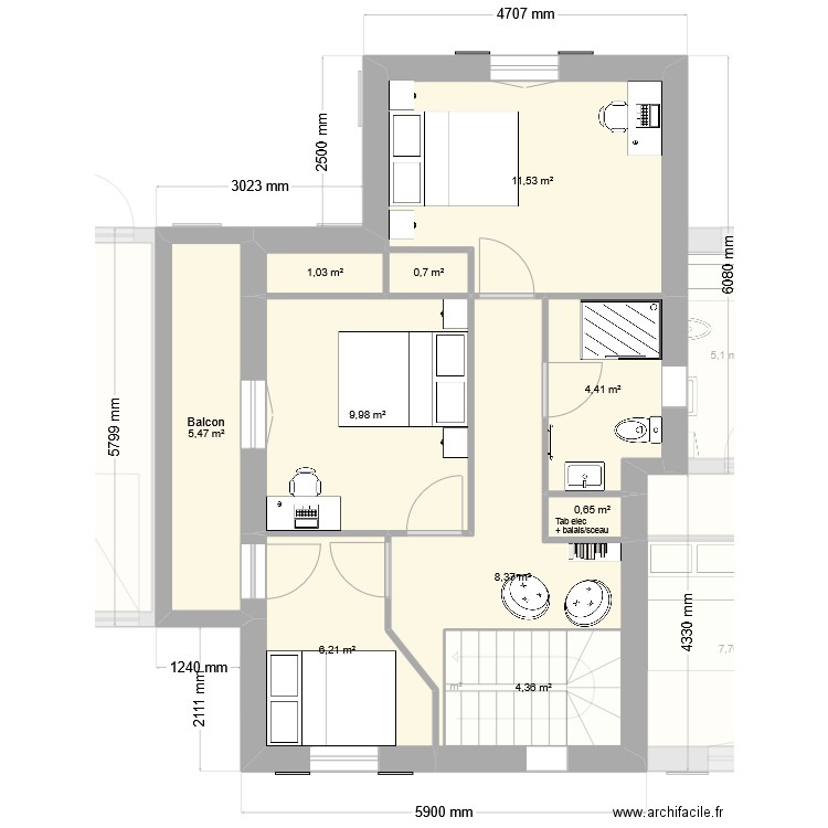 Projet A. Plan de 26 pièces et 166 m2