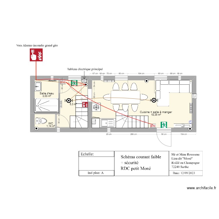 Schéma courant faible + sécurité RDC gite petit Moné . Plan de 0 pièce et 0 m2