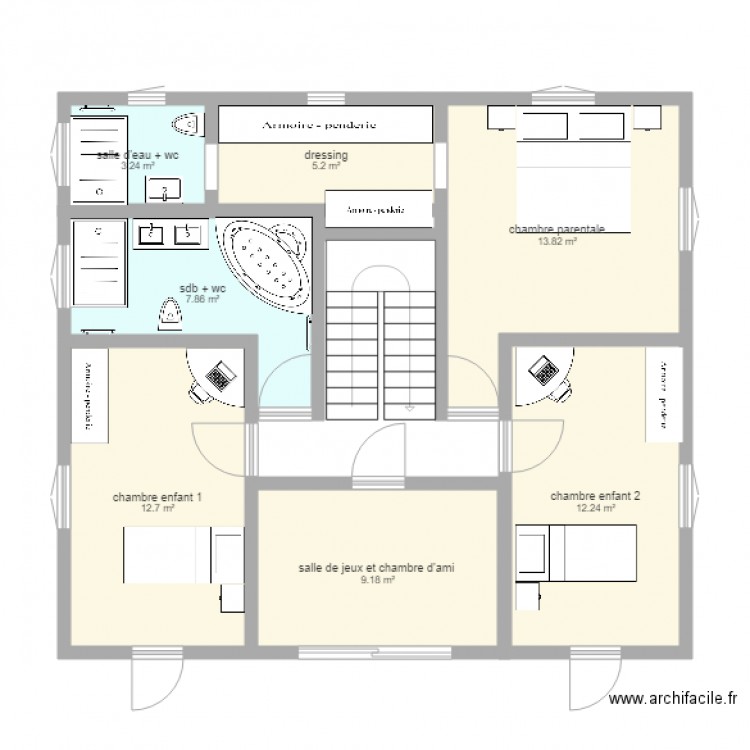 maison 10x9 etage escalier central. Plan de 0 pièce et 0 m2