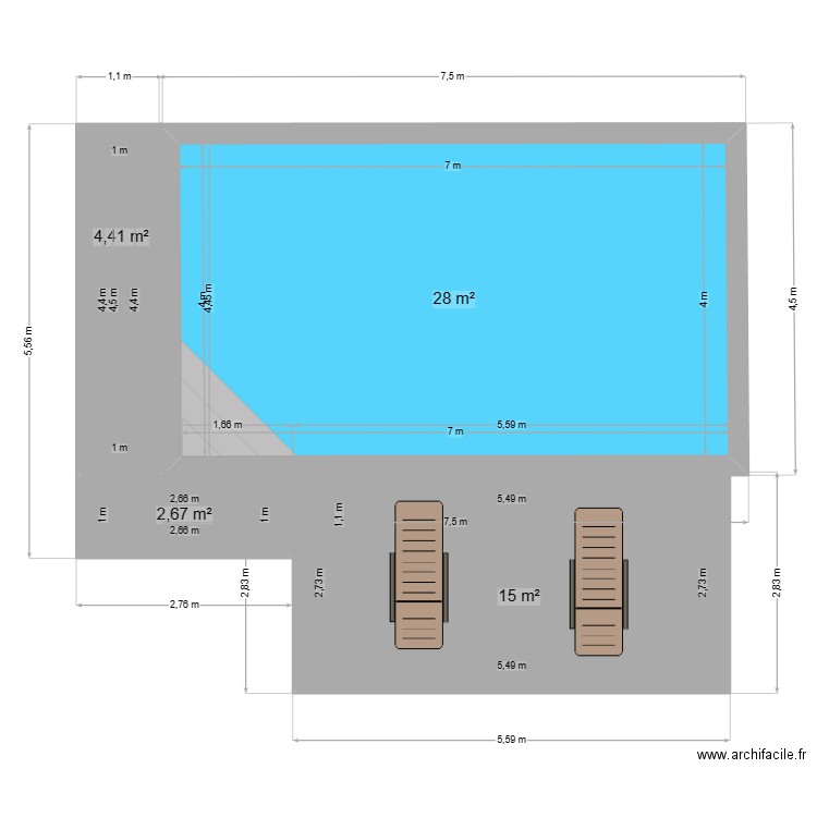 Plan piscine avec plage et margelles. Plan de 4 pièces et 50 m2