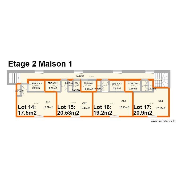 Quimper Etage 2 Lots. Plan de 17 pièces et 94 m2