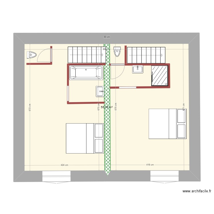 Plan étage avec esclier bifurqué. Plan de 1 pièce et 56 m2