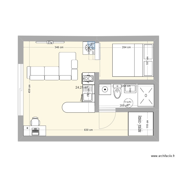 Alex 3. Plan de 1 pièce et 24 m2