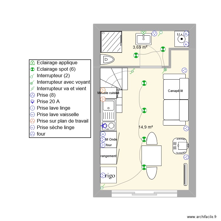 dallon annexe rdc. Plan de 2 pièces et 19 m2