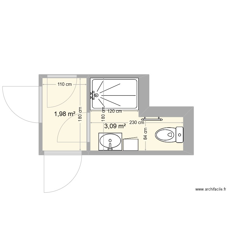 SDB JCB. Plan de 2 pièces et 5 m2