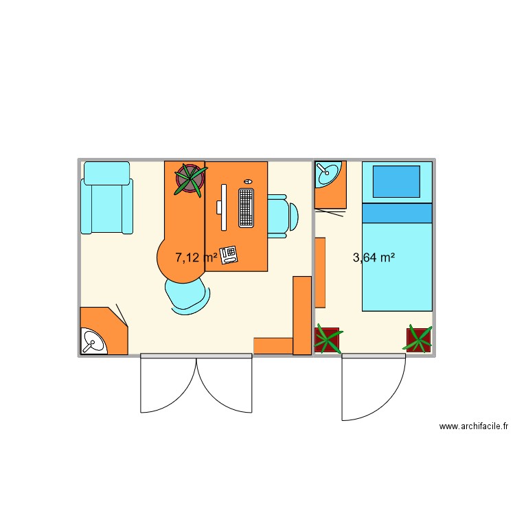 indépendant . Plan de 2 pièces et 11 m2