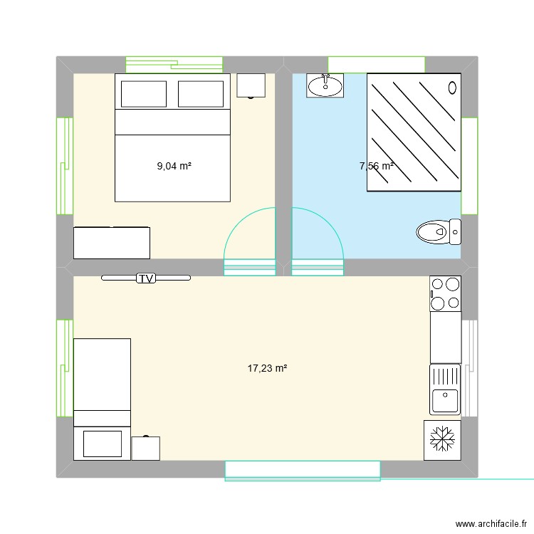 Maison. Plan de 3 pièces et 34 m2