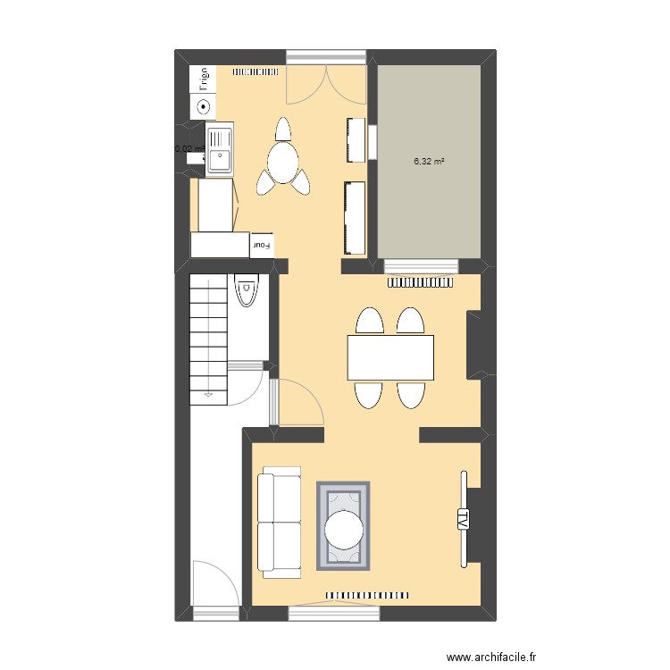 rdc tibo. Plan de 3 pièces et 39 m2