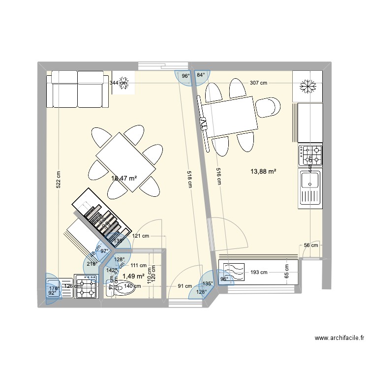 House Club. Plan de 3 pièces et 34 m2