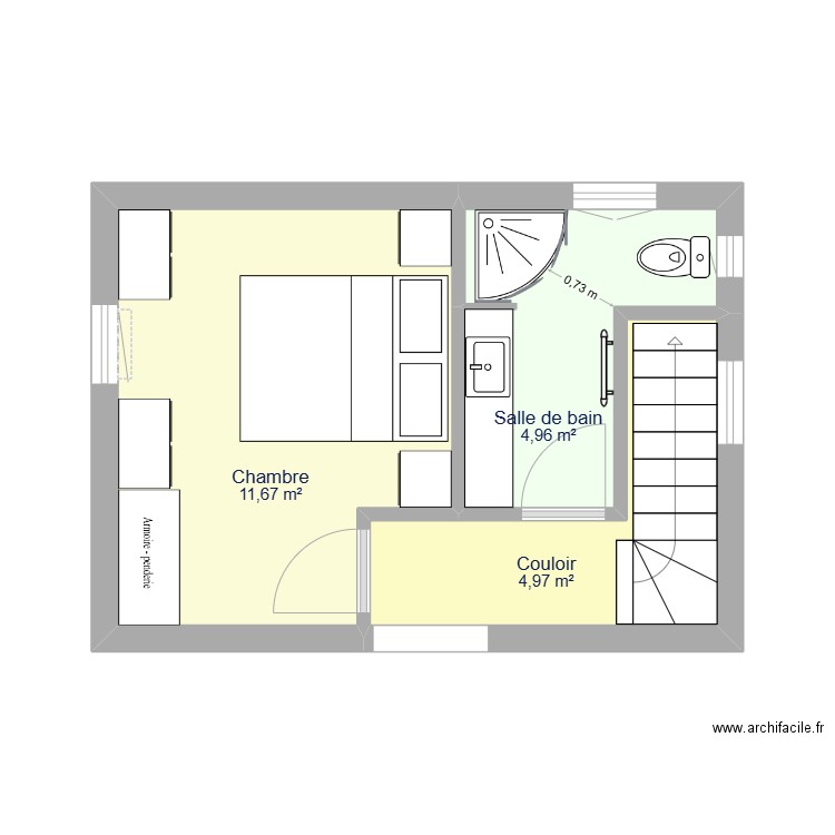 La planche Chambre / salle de bain V2. Plan de 3 pièces et 22 m2