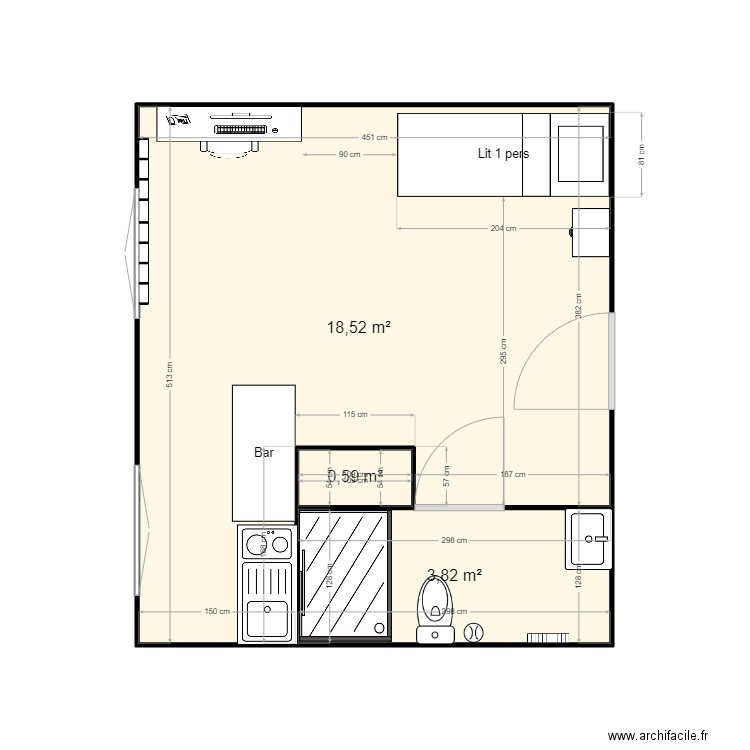 PLAN STUDIO. Plan de 3 pièces et 23 m2