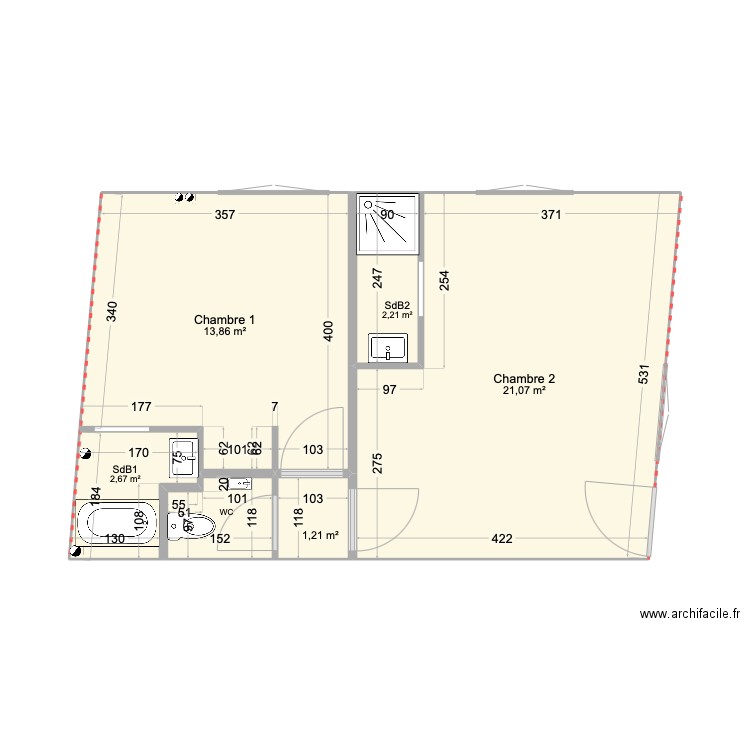 RDC. Plan de 6 pièces et 43 m2