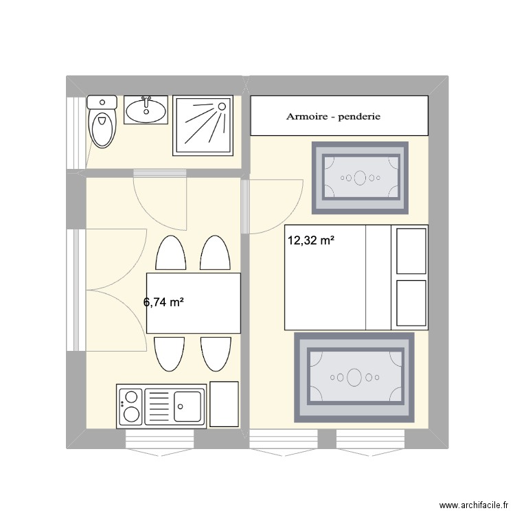 hyp2 extension. Plan de 2 pièces et 19 m2