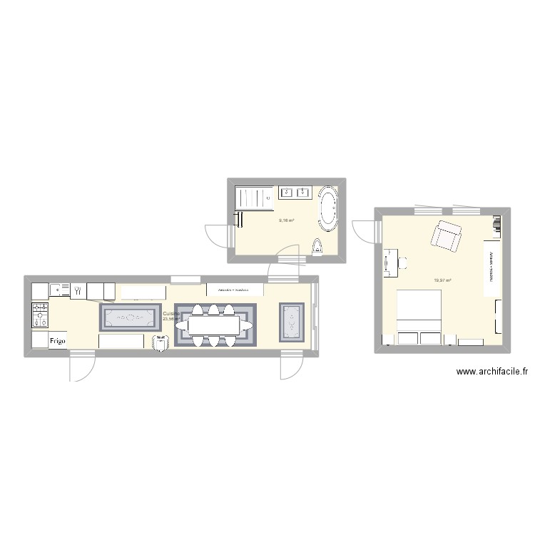 sdb et chambre coco. Plan de 3 pièces et 53 m2