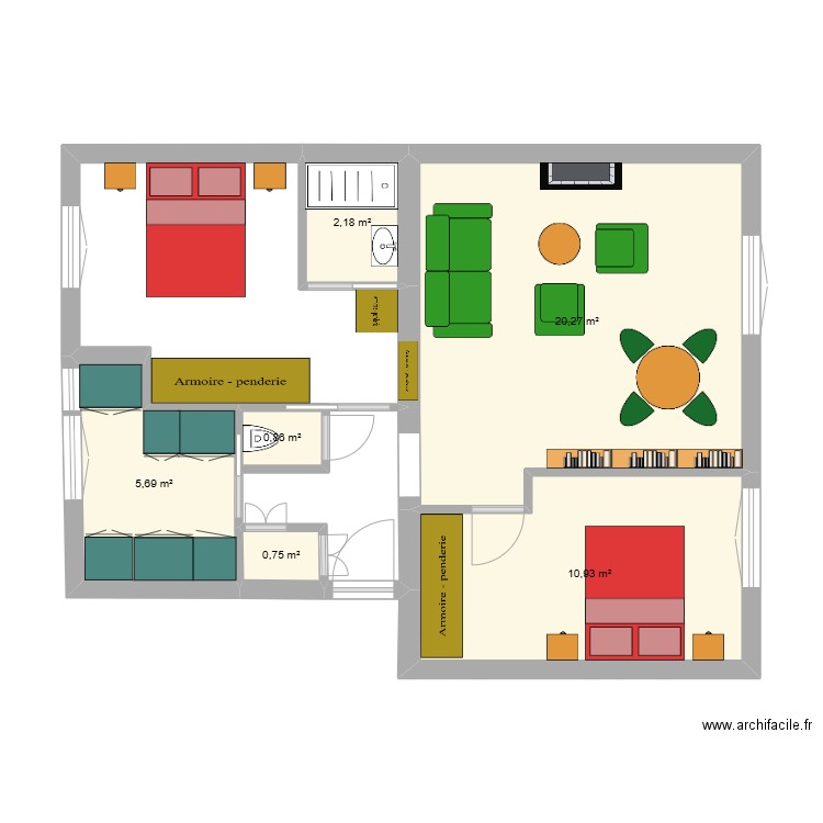 34 GABRIELLE 3 PIECES meublé. Plan de 6 pièces et 41 m2