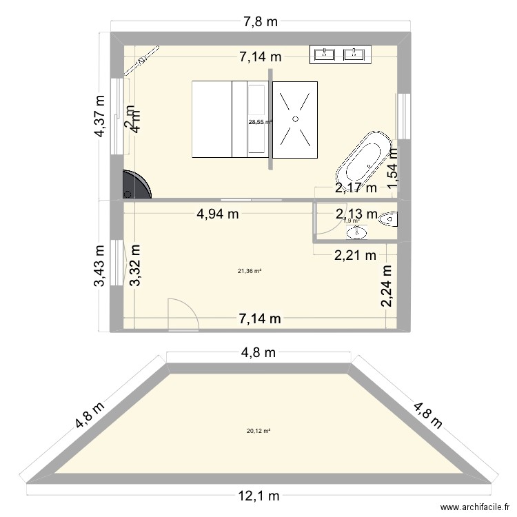 Extension Bravone. Plan de 3 pièces et 52 m2