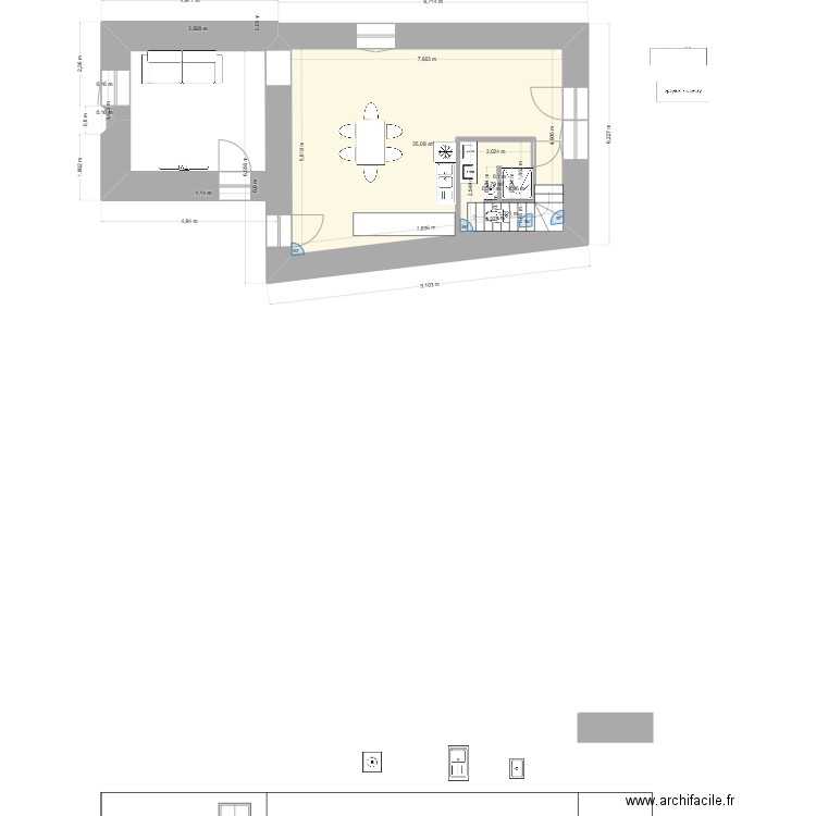 aiguilles 1 etage. Plan de 2 pièces et 46 m2