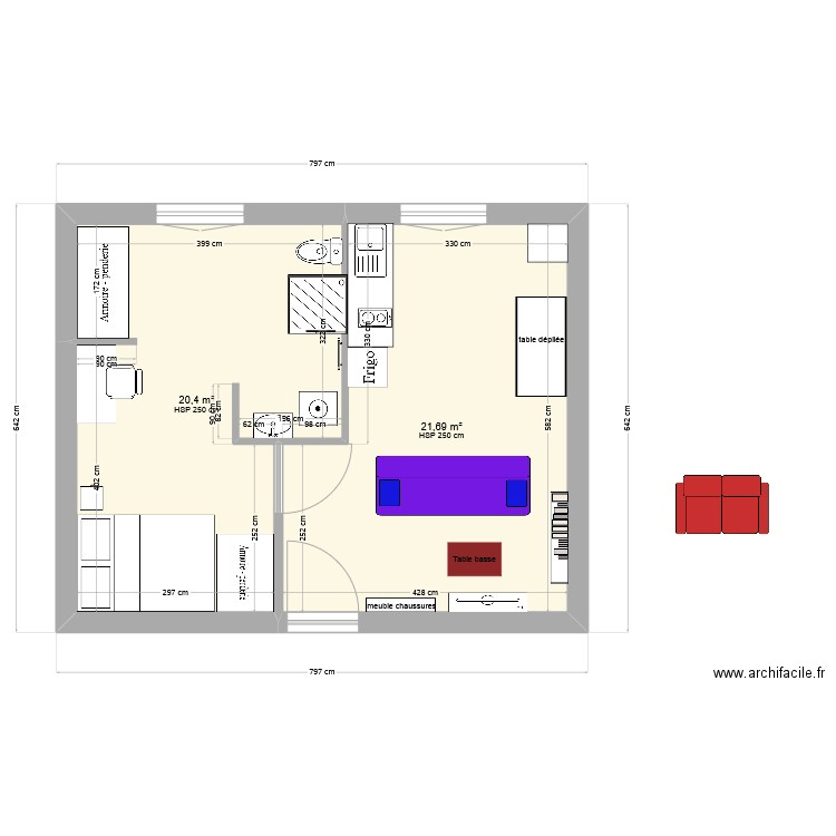 Amélia5. Plan de 2 pièces et 42 m2