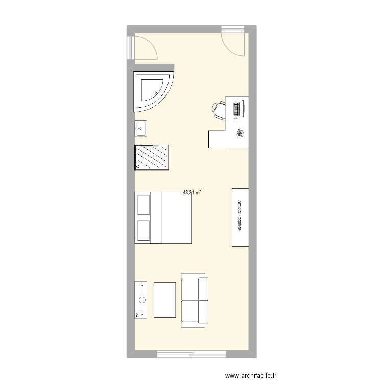 Chambre . Plan de 1 pièce et 43 m2