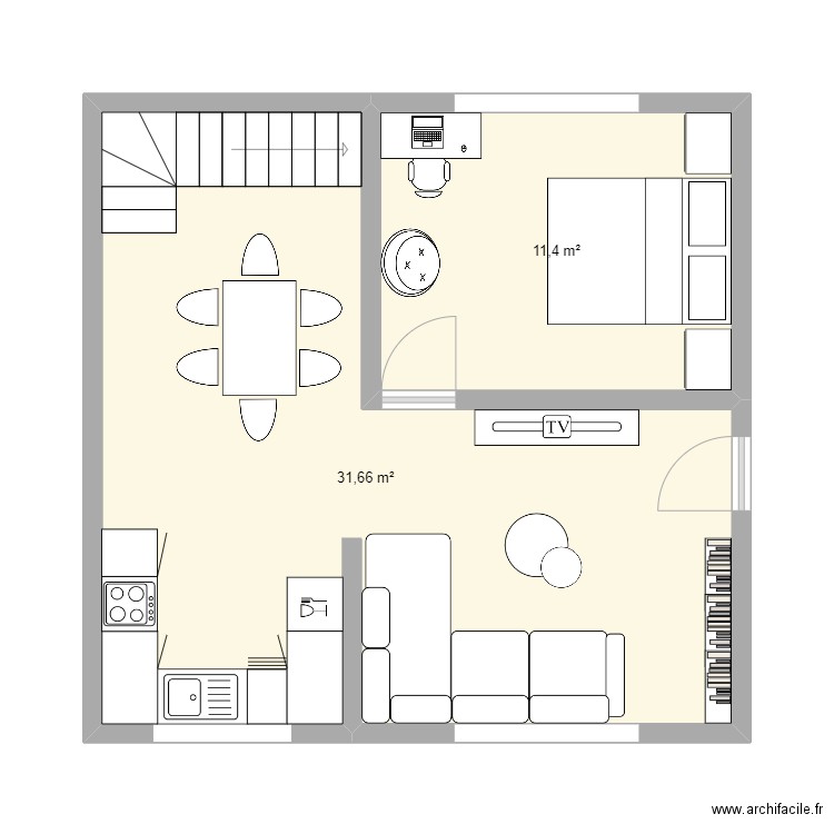 ABCDE. Plan de 2 pièces et 43 m2