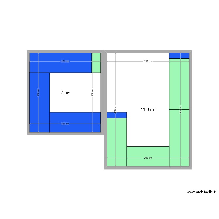 Salon. Plan de 2 pièces et 19 m2