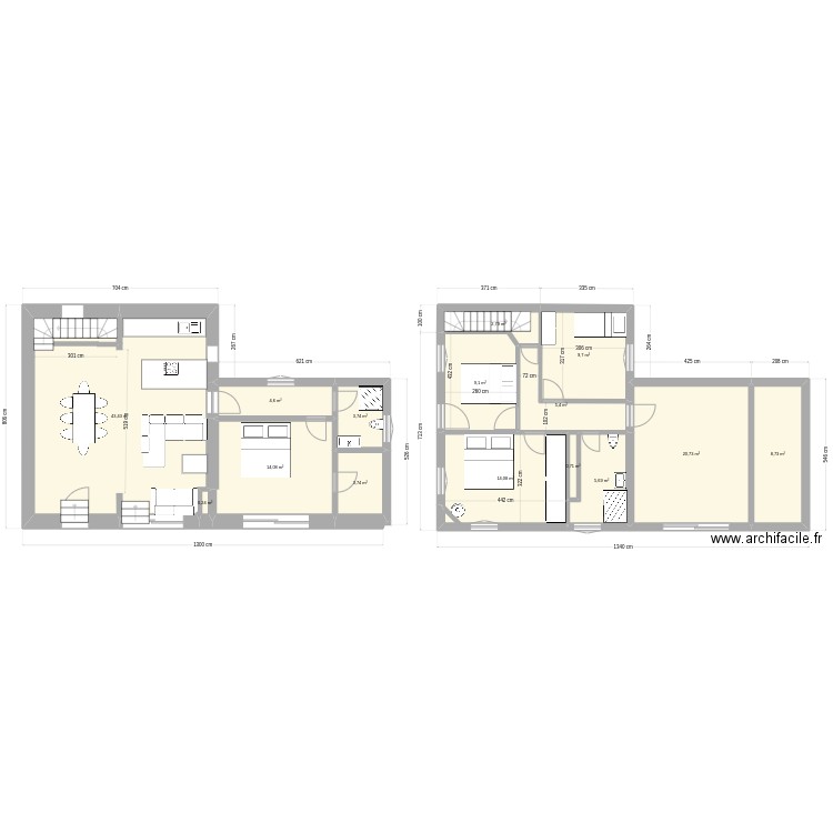 garage plan + extension destruction totale. Plan de 15 pièces et 147 m2