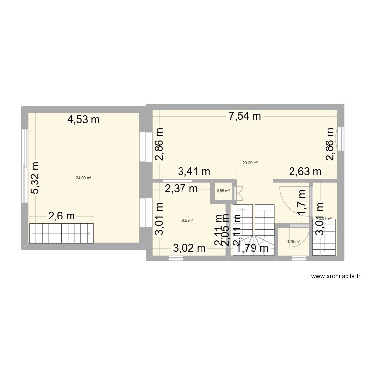 1er niveau. Plan de 6 pièces et 67 m2