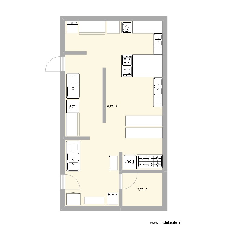 cuisine. Plan de 2 pièces et 51 m2