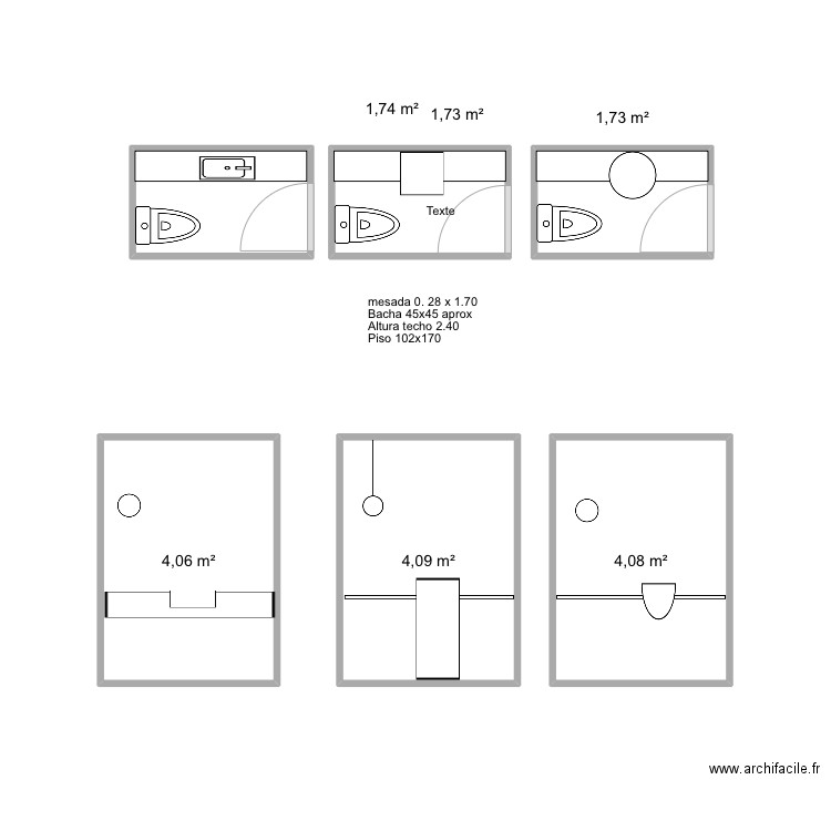 Toilette pasillo. Plan de 6 pièces et 17 m2