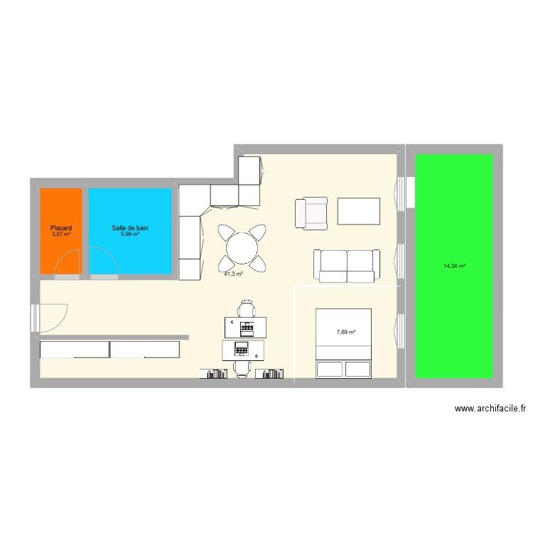 soussol. Plan de 3 pièces et 59 m2