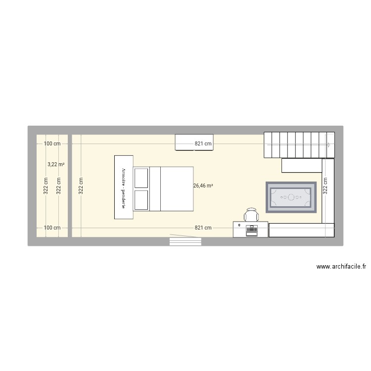 Chambre. Plan de 2 pièces et 30 m2