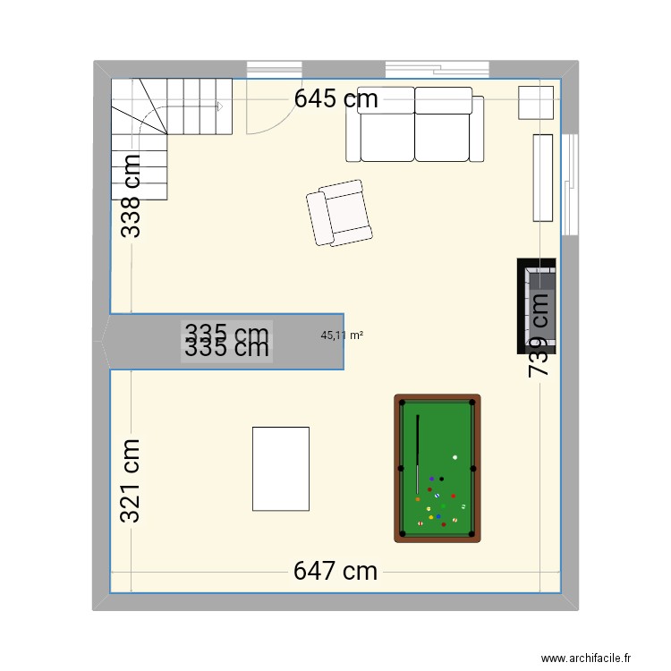 salon. Plan de 1 pièce et 45 m2