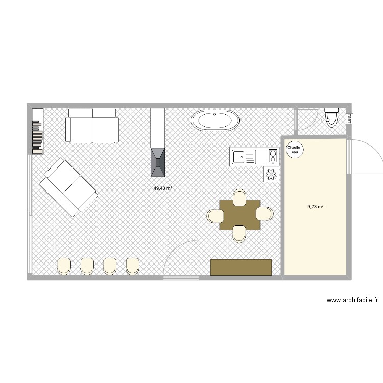 Oster - Atelier. Plan de 2 pièces et 59 m2