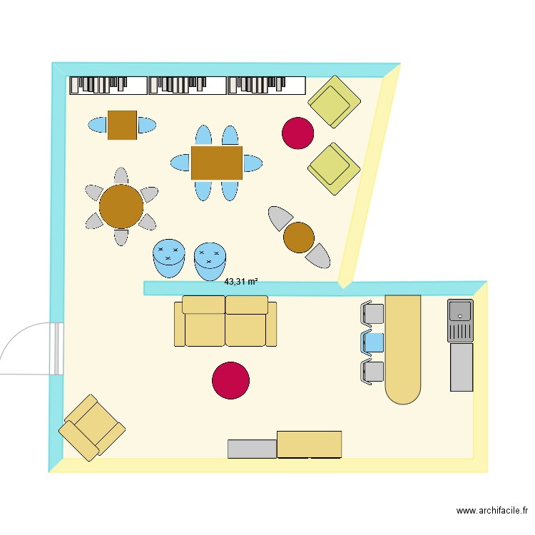 café créatif. Plan de 1 pièce et 43 m2