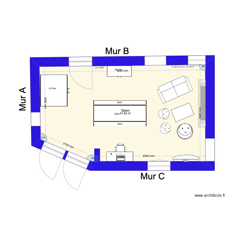 salle à manger. Plan de 1 pièce et 48 m2