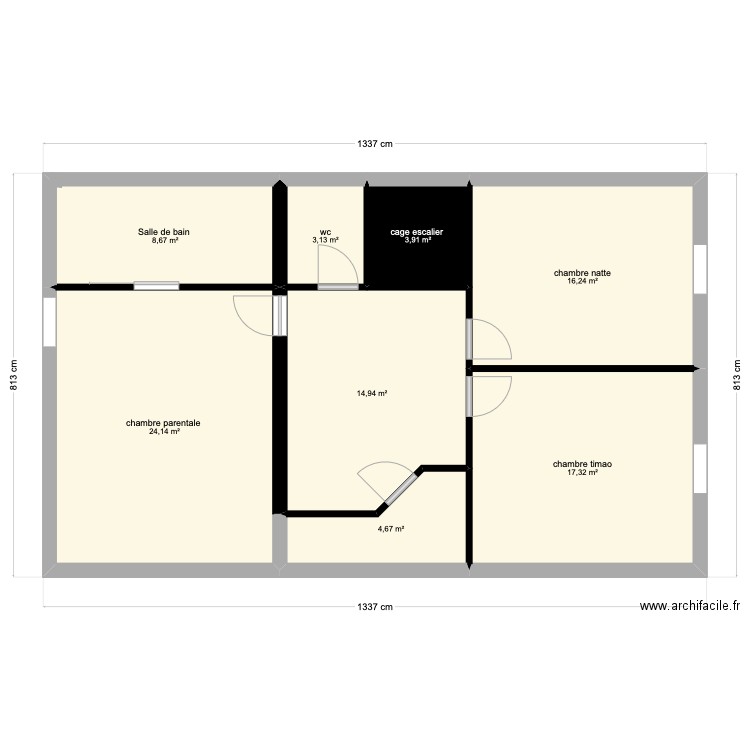 étage haut . Plan de 8 pièces et 93 m2