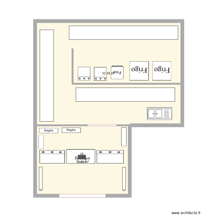 patisserie. Plan de 2 pièces et 46 m2