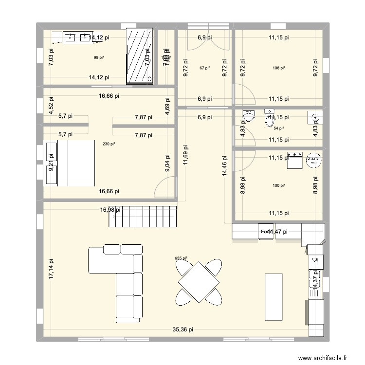 RDC. Plan de 8 pièces et 123 m2