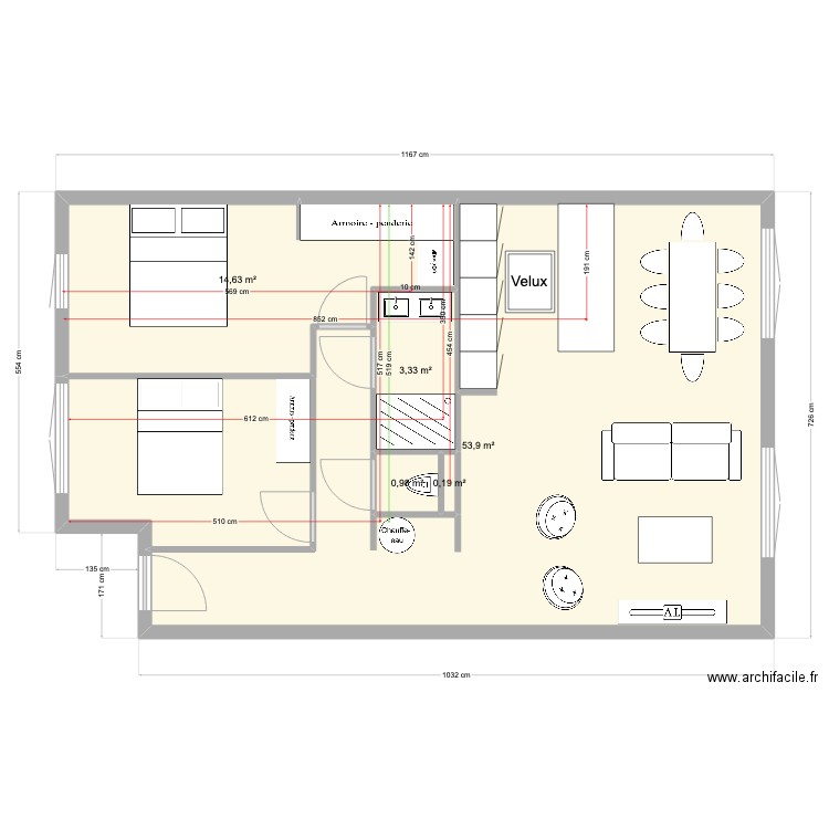 Frans. Plan de 5 pièces et 73 m2