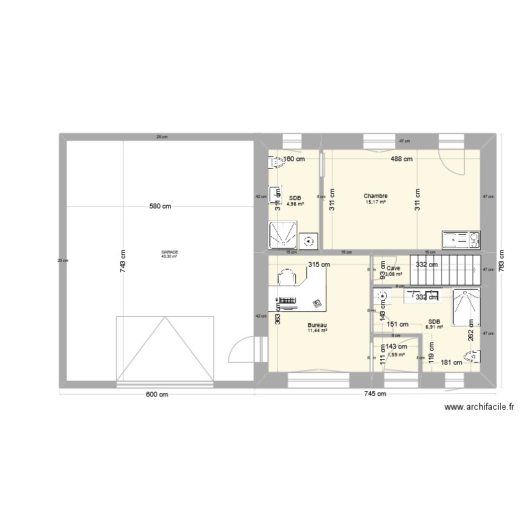 RDC. Plan de 6 pièces et 43 m2