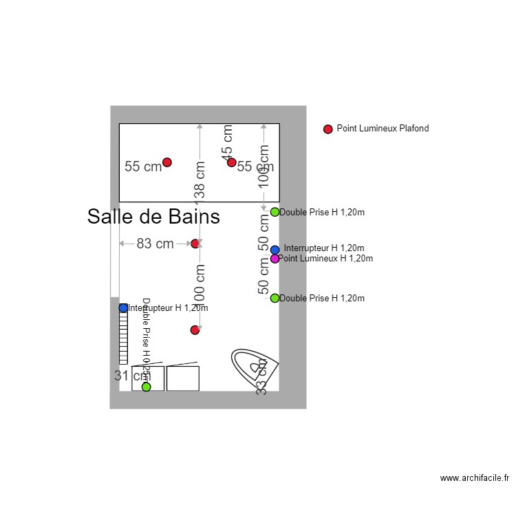 Salle de Bains Points Lumineux + Prises + Interrupteurs. Plan de 0 pièce et 0 m2