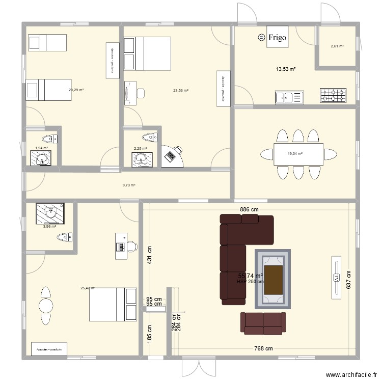 plan de 3 chambres salon avec salle à manger et cuisine + Terrasse avant et terrasse arrière avec cambuse dans la cuisine. Plan de 11 pièces et 178 m2