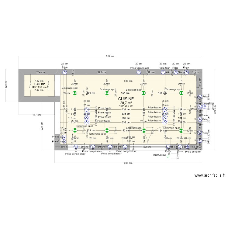 CUISINE TRAITEUR ELECTRICITE AVEC COTE. Plan de 2 pièces et 22 m2